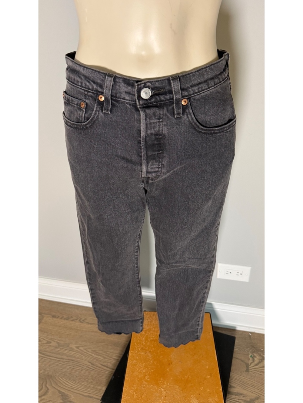 Levi's‎ 501 Black Denim Jeans with Button Fly and Scalloped Hem, Size W25 L26